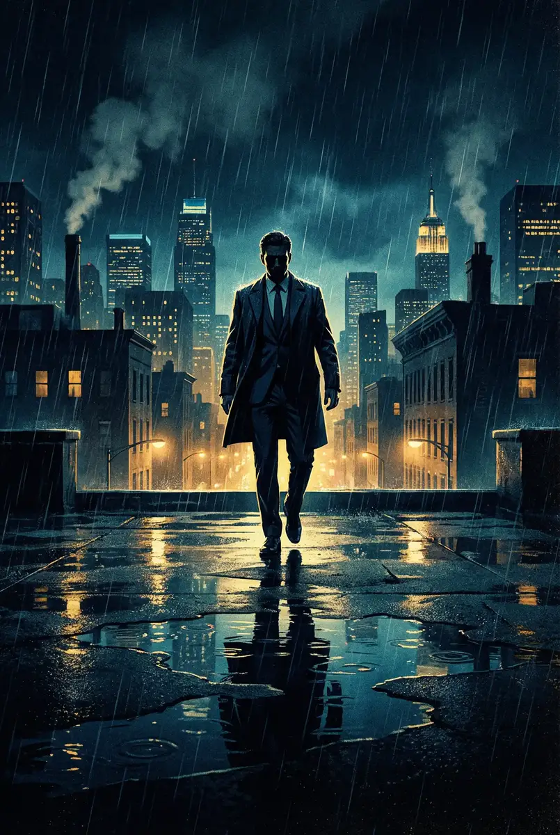 少林木人巷 出品影片《雨夜独行者》海报，雨中城市屋顶男性剪影